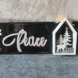 Rectangular Black High Gloss Resin Tile Christmas Peace Plaque 12.75 x 4.25 in.